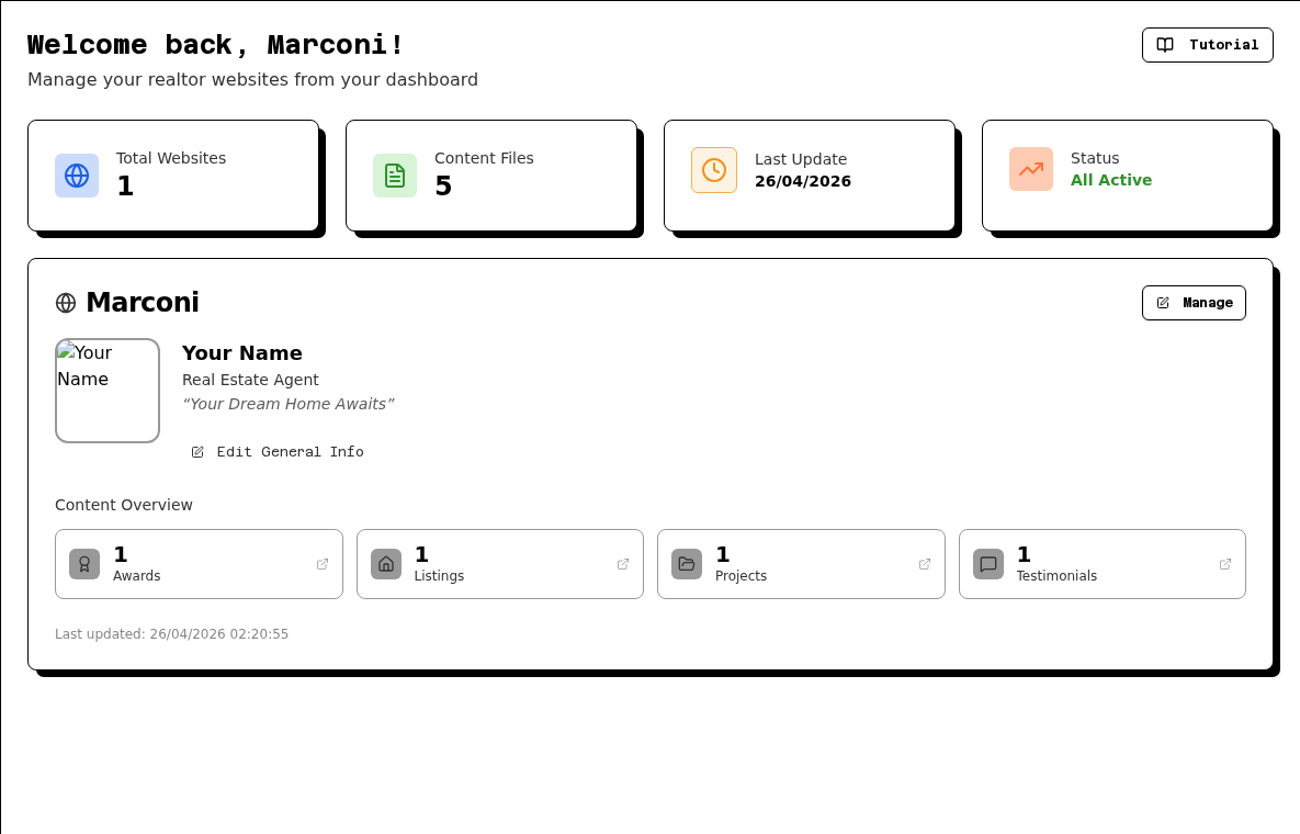 Crow Agent Suite dashboard showing website status, content files, and recent updates